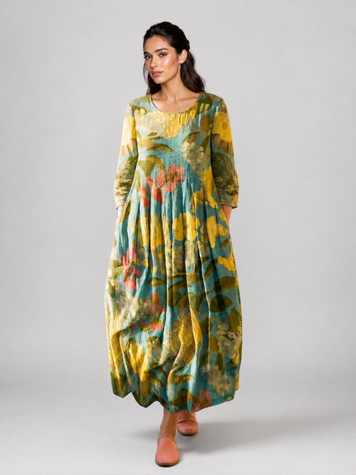 Honorine — Robe longue à imprimé peint, coloris Vert aquarelle