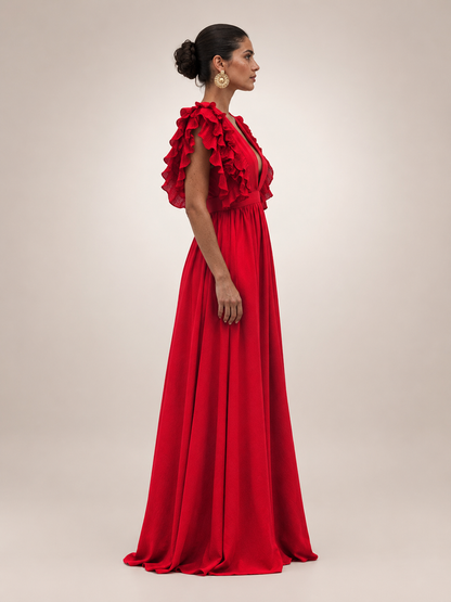 Géraldine — Robe longue dos nu à manches volantées