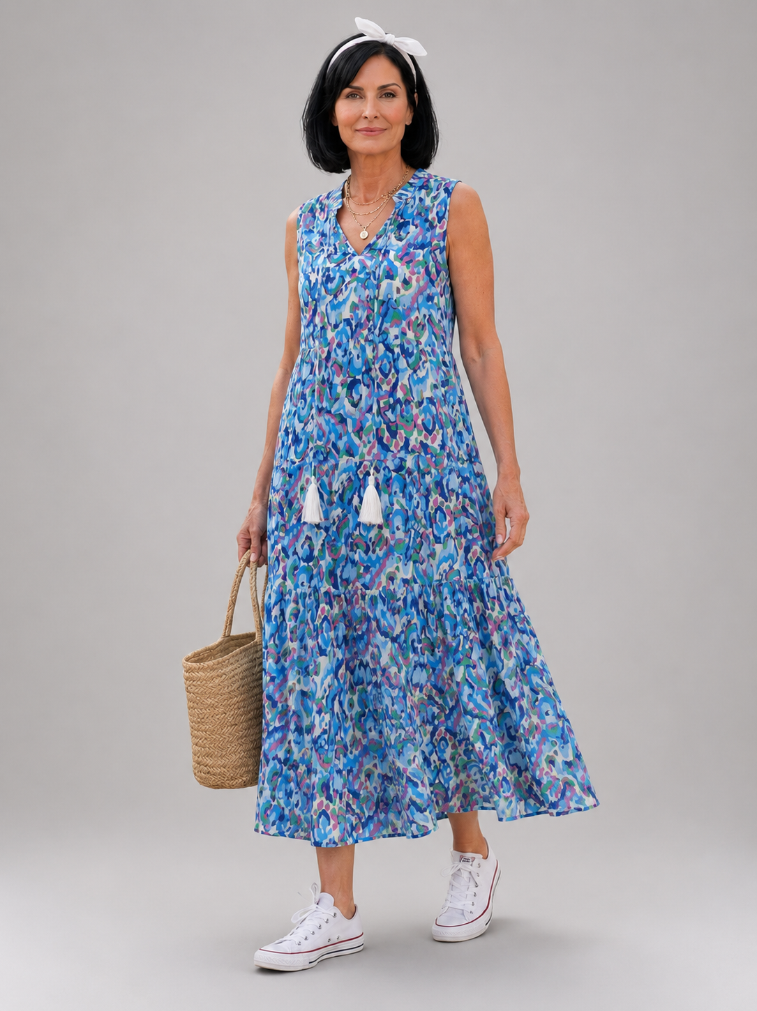 Nolwenn — Robe longue sans manches à volants, coloris Bleu