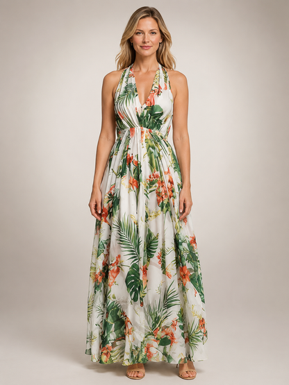 Rosemonde — Robe longue bohème à col licou, coloris Vert