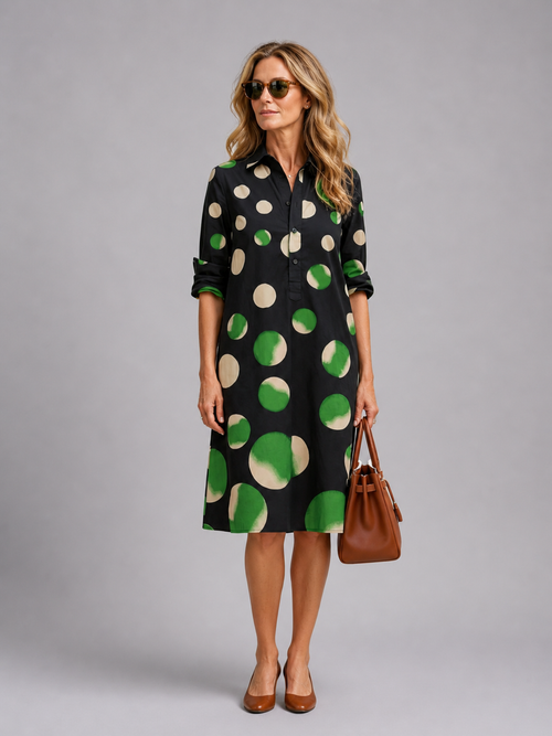 Elvire — Robe courte chemise à grands pois, coloris Noir à pois verts