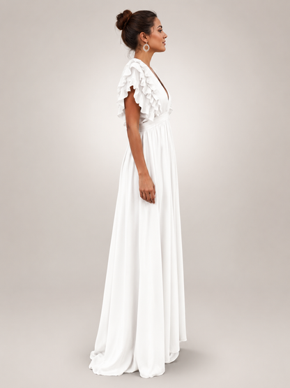 Géraldine — Robe longue dos nu à manches volantées