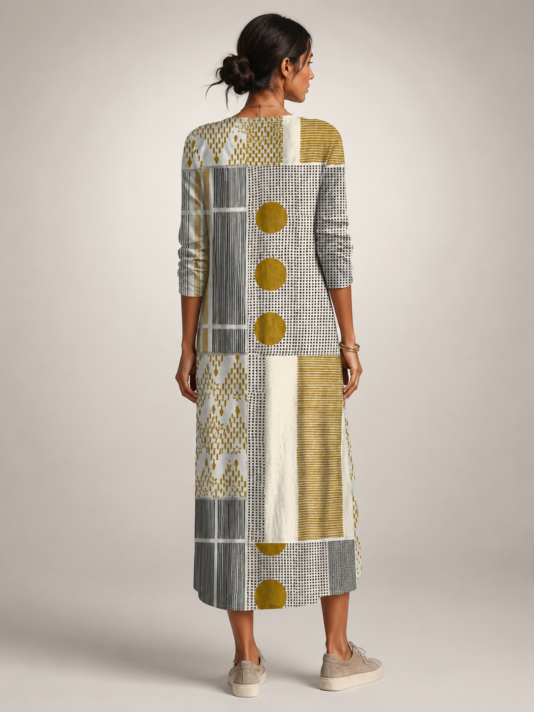 Clémentine — Robe longue patchwork à manches longues