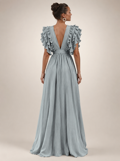 Géraldine — Robe longue dos nu à manches volantées