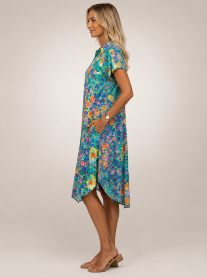 Blanche — Robe midi chemise fleurie à col V