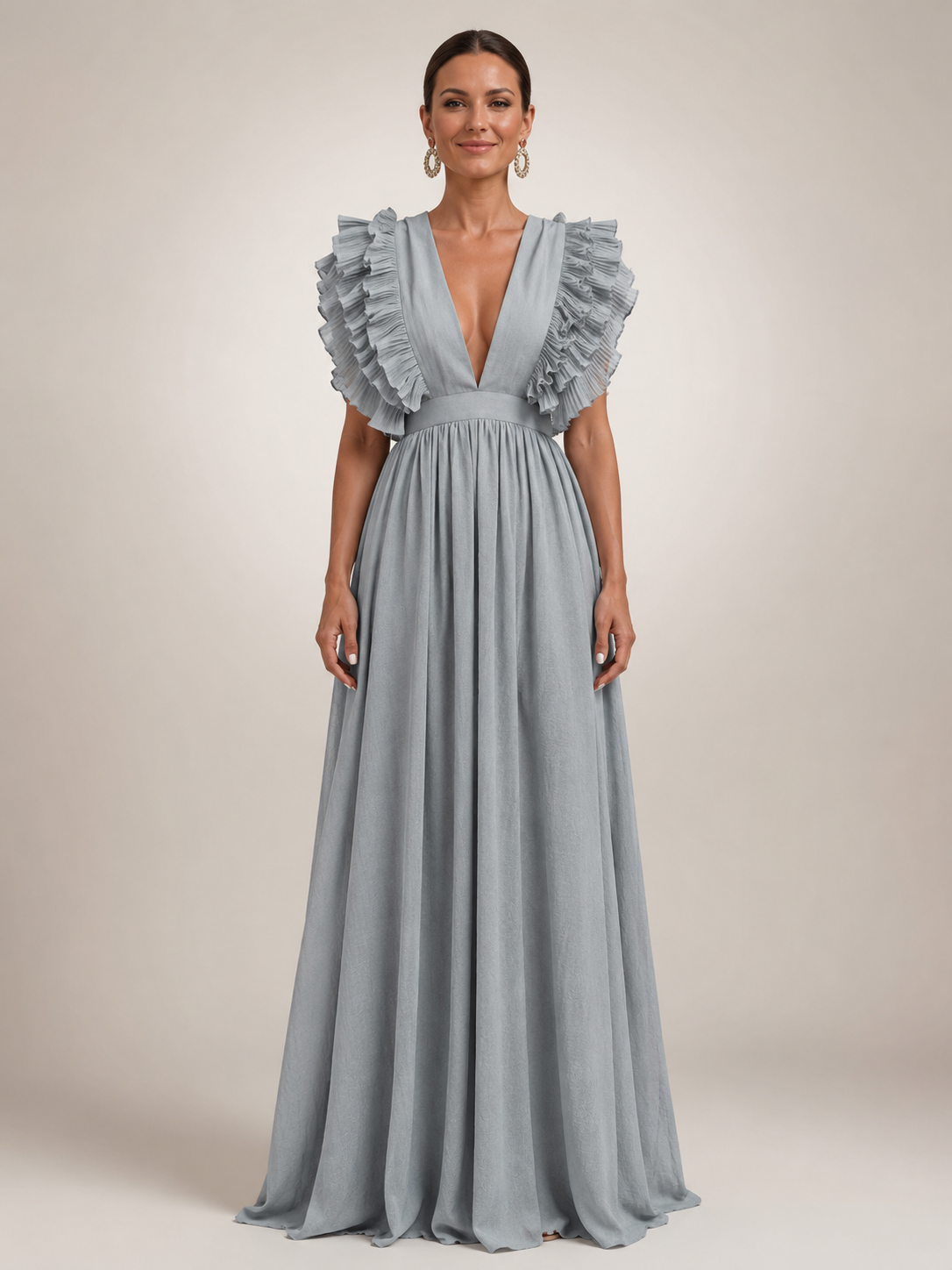 Géraldine — Robe longue dos nu à manches volantées, coloris Gris bleuté