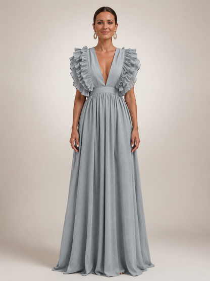 Géraldine — Robe longue dos nu à manches volantées, coloris Gris bleuté