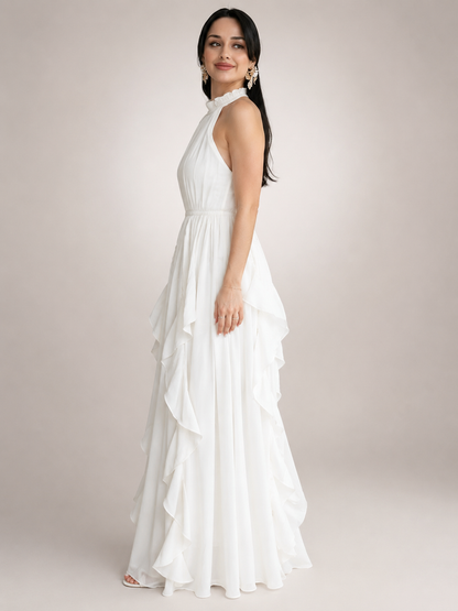 Séraphine — Robe longue à col licou et volants cascade