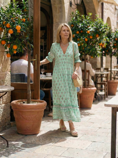 Isaline — Robe longue à imprimé block print