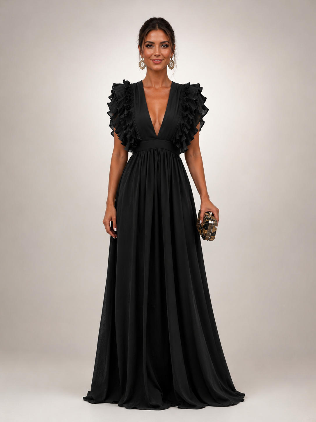 Géraldine — Robe longue dos nu à manches volantées, coloris Noir