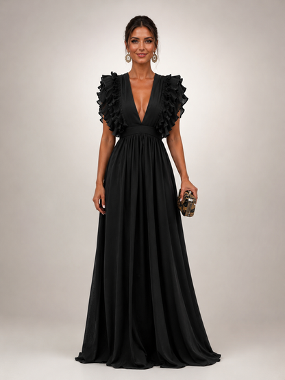 Géraldine — Robe longue dos nu à manches volantées, coloris Noir
