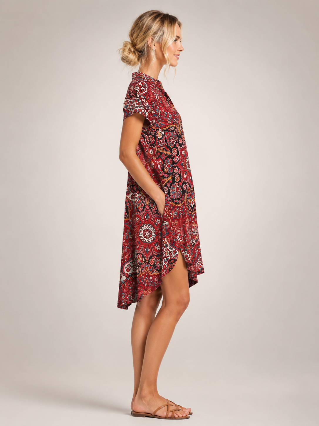 Blanche — Robe midi chemise fleurie à col V