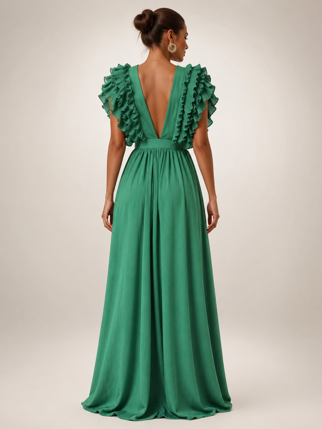 Géraldine — Robe longue dos nu à manches volantées