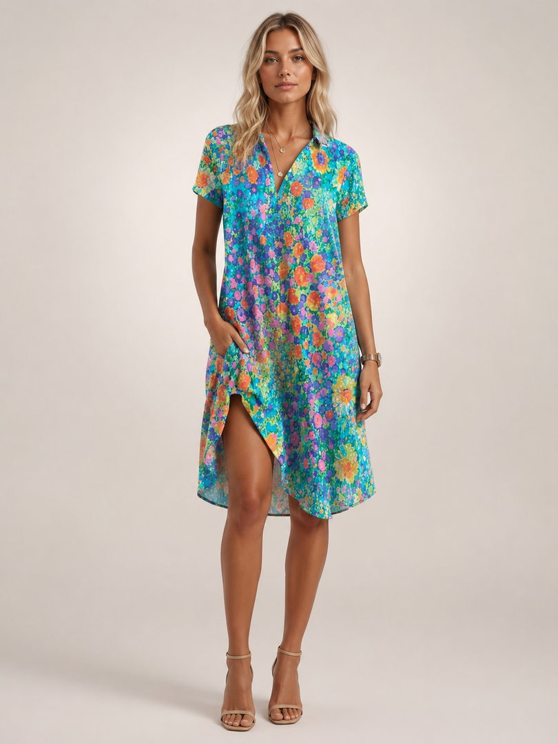 Blanche — Robe midi chemise fleurie à col V, coloris Turquoise fleuri