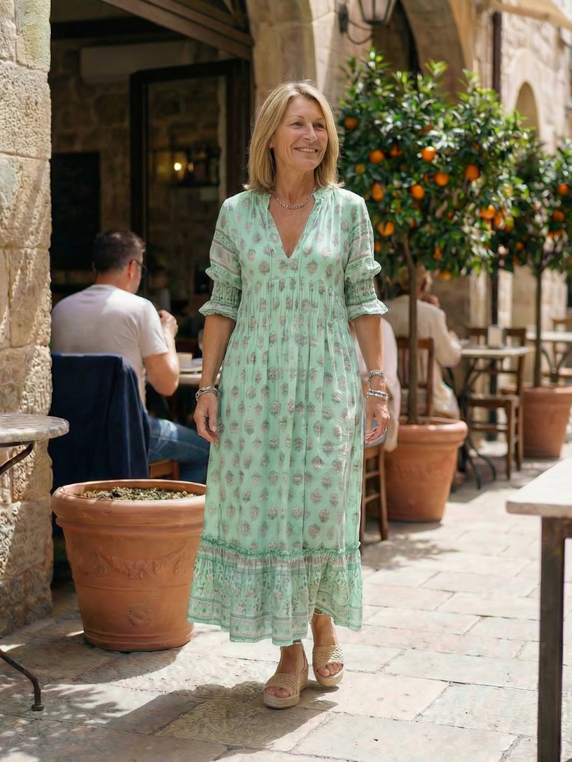 Isaline — Robe longue à imprimé block print, coloris Vert d’eau