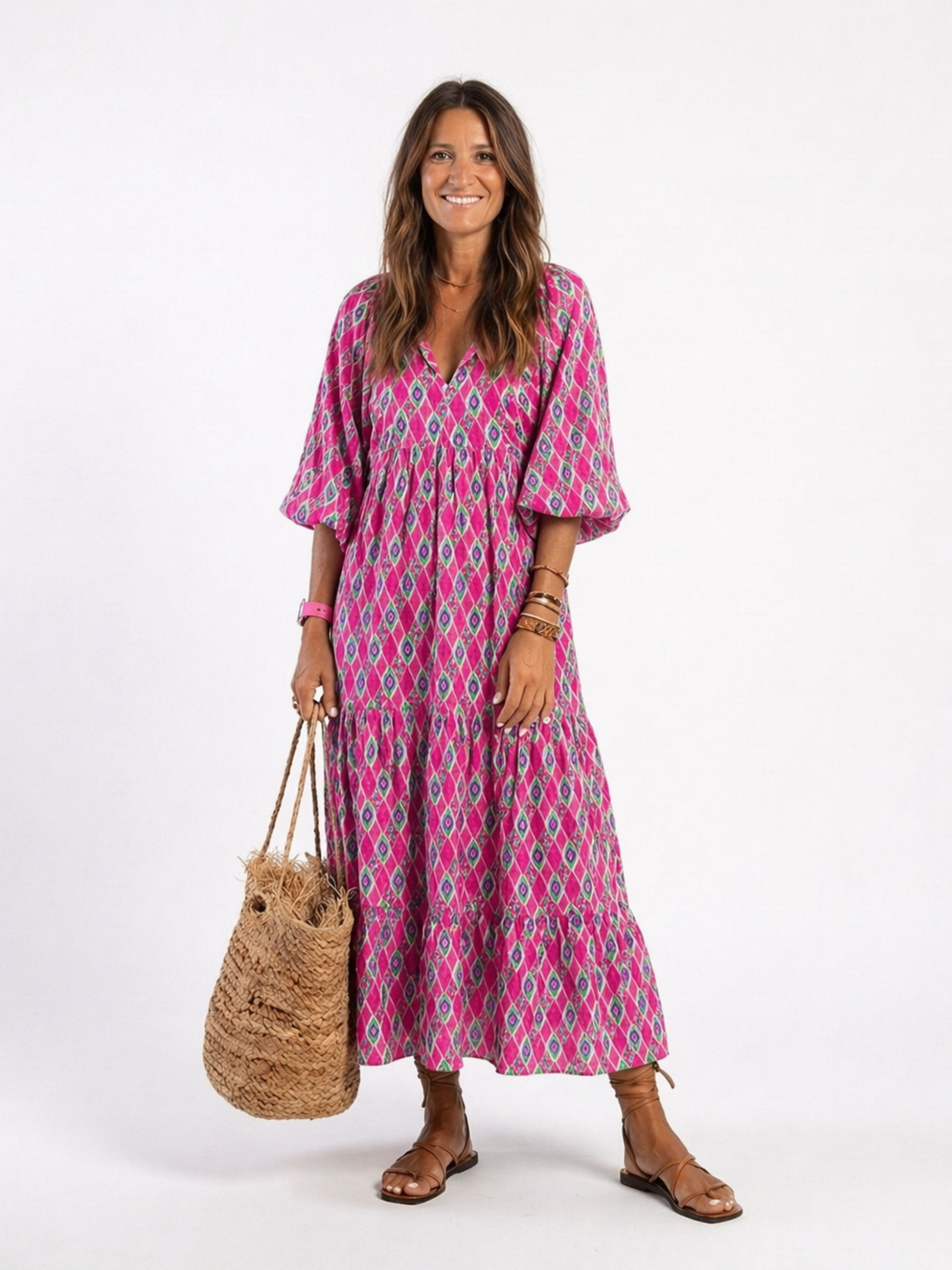 Amarante — Robe longue à volants et col V, coloris Fuchsia