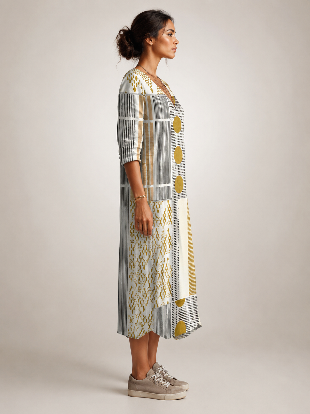 Clémentine — Robe longue patchwork à manches longues