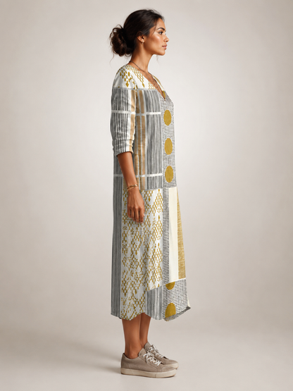 Clémentine — Robe longue patchwork à manches longues