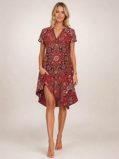 Blanche — Robe midi chemise fleurie à col V, coloris Rouge