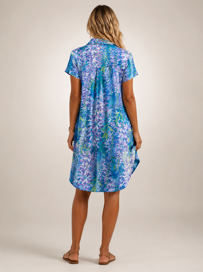 Blanche — Robe midi chemise fleurie à col V