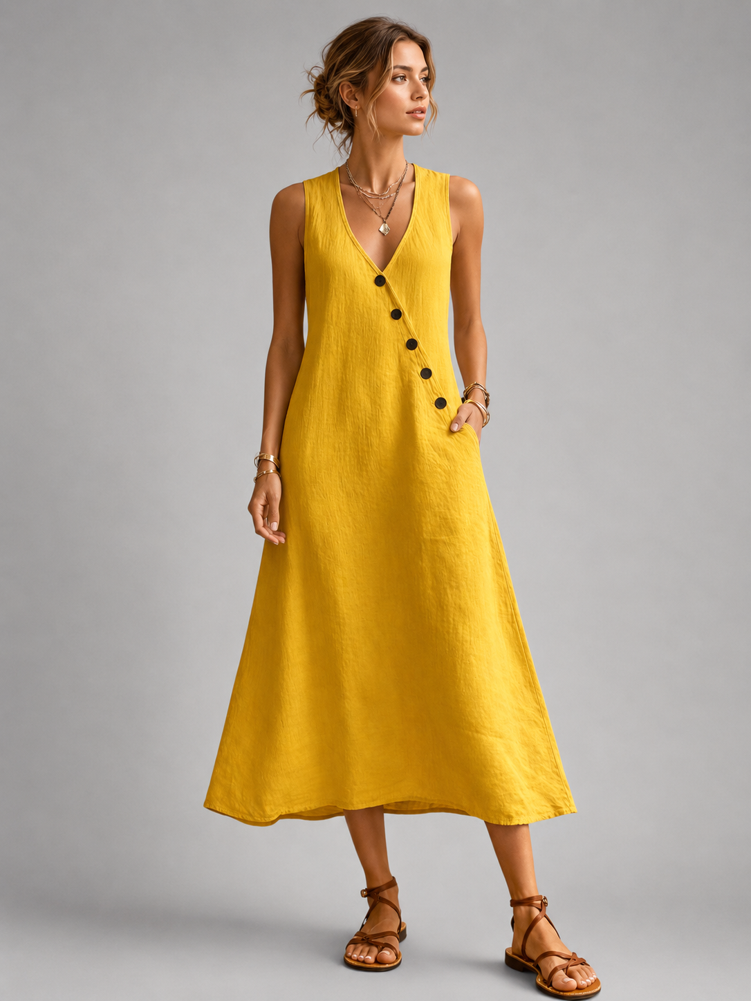 Bathilde — Robe longue sans manches à boutons, coloris Jaune