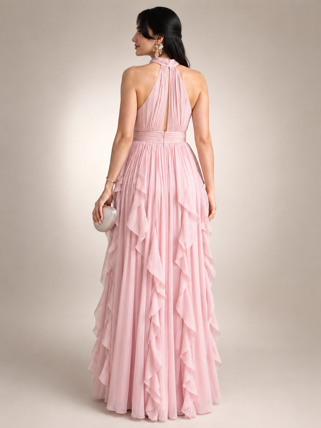 Séraphine — Robe longue à col licou et volants cascade