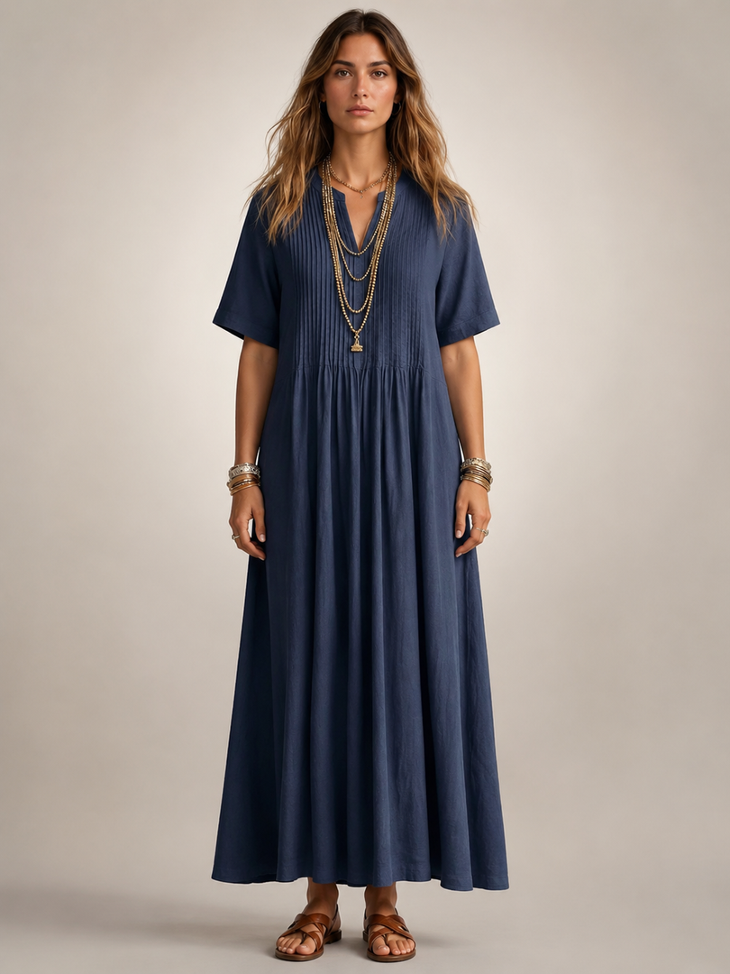Améline — Robe longue plissée, coloris Bleu marine