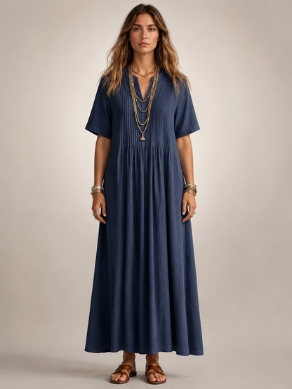 Améline — Robe longue plissée, coloris Bleu marine