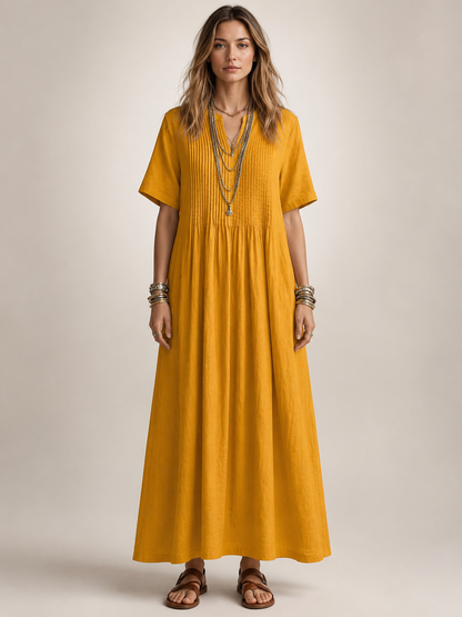 Améline — Robe longue plissée, coloris Jaune
