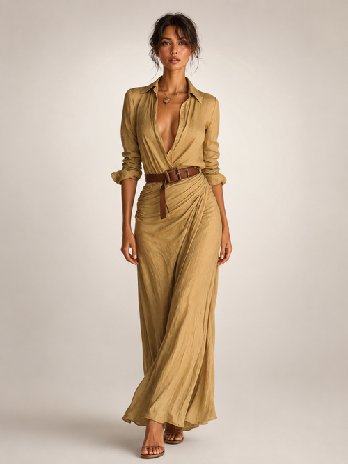 Judith — Robe longue chemise à col tailleur, coloris Camel