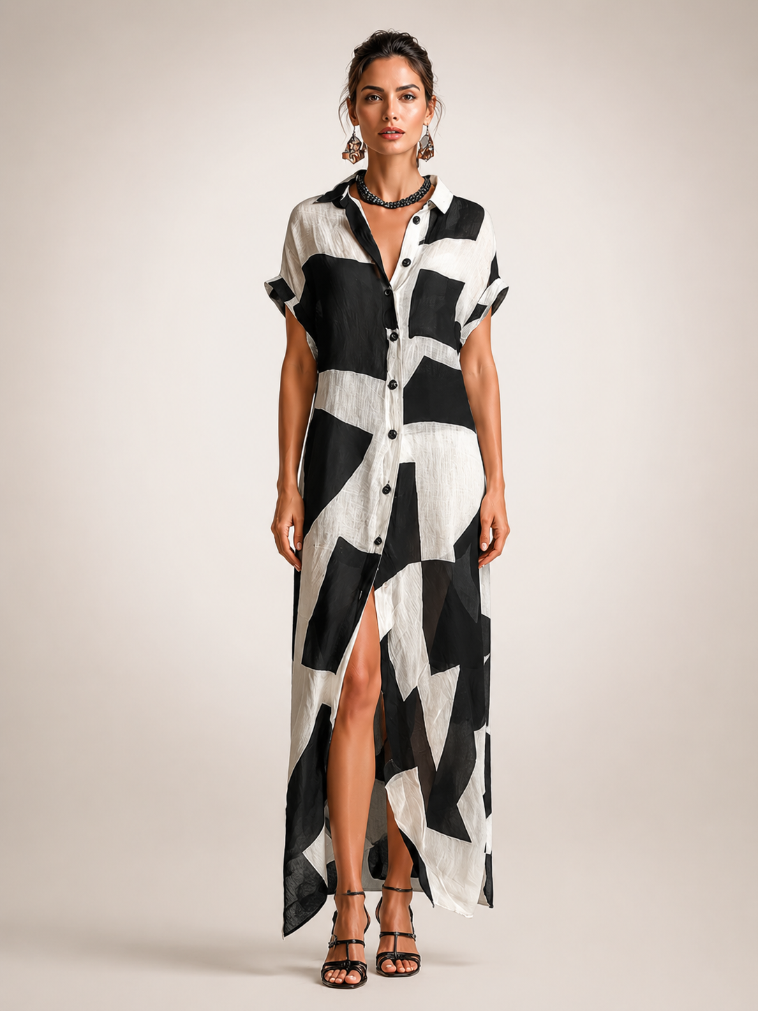 Roseline — Robe longue chemise à imprimé graphique, coloris Blanc imprimé