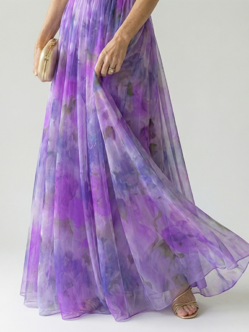 Maïwenn — Robe longue cache-cœur en voile imprimé