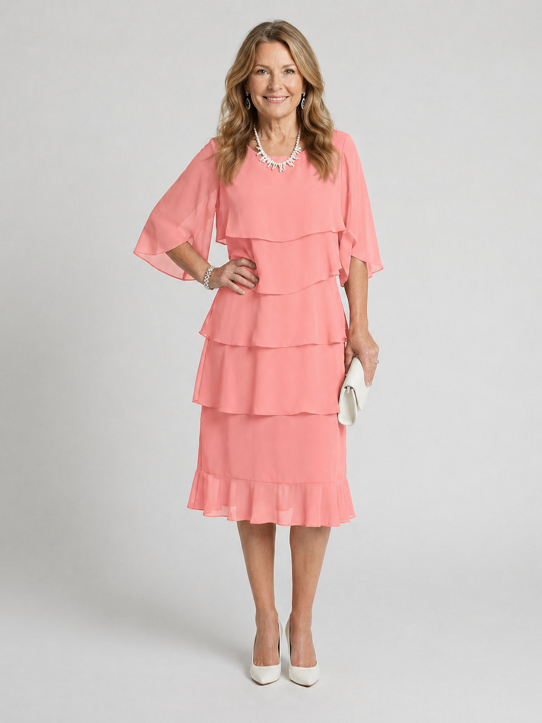 Clara — Robe à volants étagés et manches papillon, coloris Corail