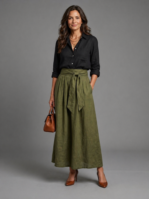 Femme portant un ensemble deux pièces avec chemisier boutonné et jupe midi
