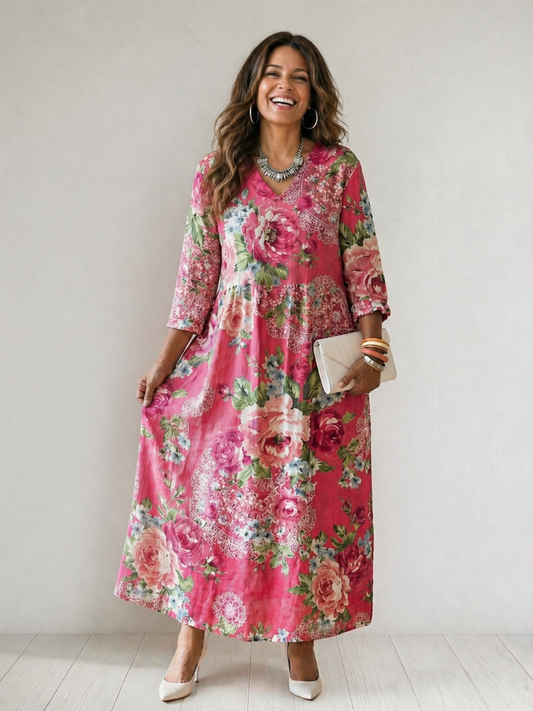 Perrine — Robe longue à grandes fleurs, coloris Rose fleuri