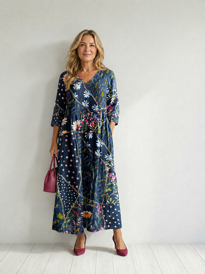 Jeanne — Robe longue fleurie à pois, coloris Bleu nuit fleuri