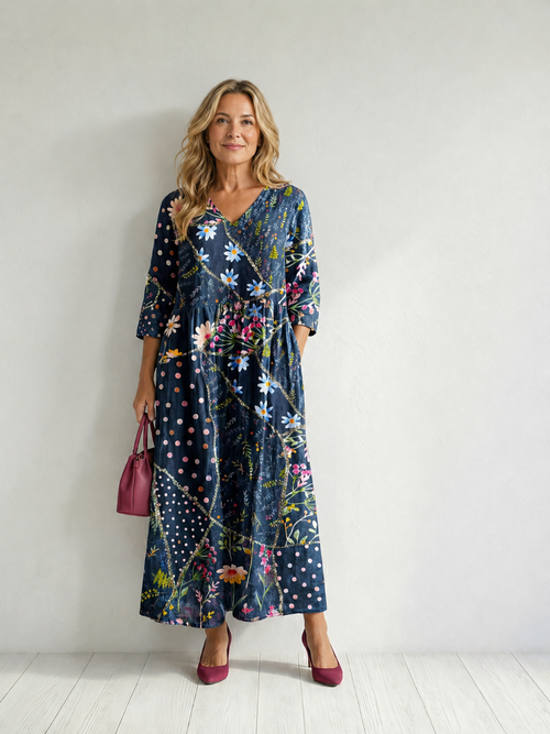 Jeanne — Robe longue fleurie à pois, coloris Bleu nuit fleuri