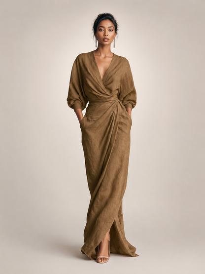 Léonore — Robe longue drapée à col V, coloris Bronze