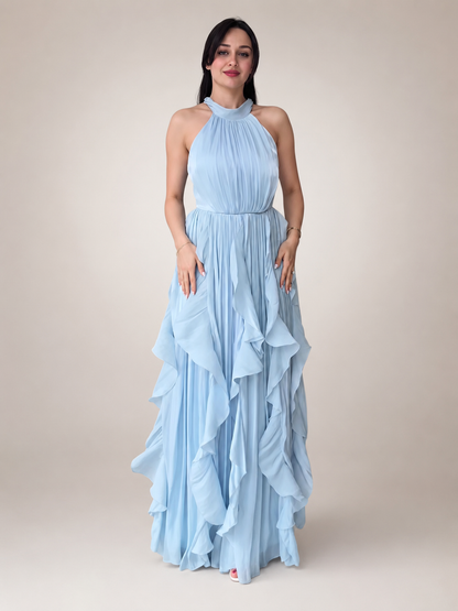 Séraphine — Robe longue à col licou et volants cascade, coloris Bleu ciel
