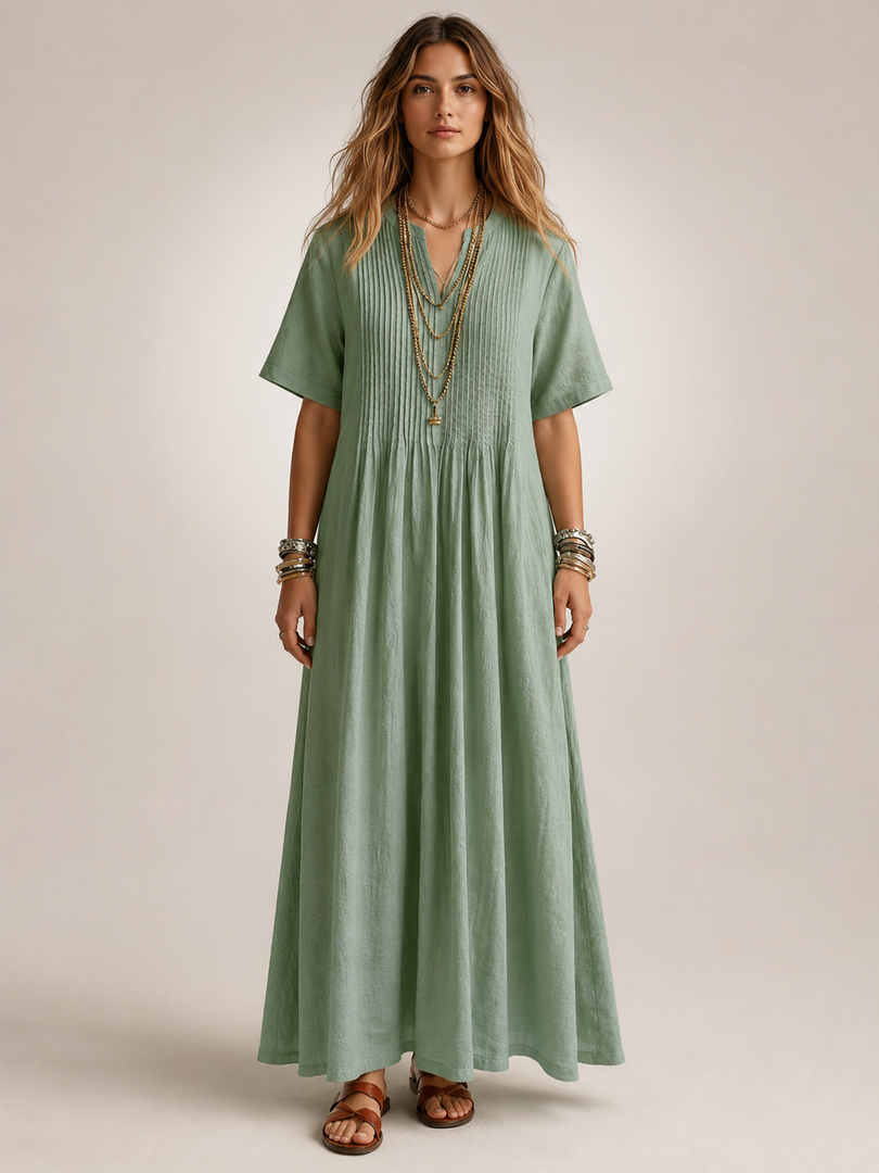 Améline — Robe longue plissée, coloris Vert