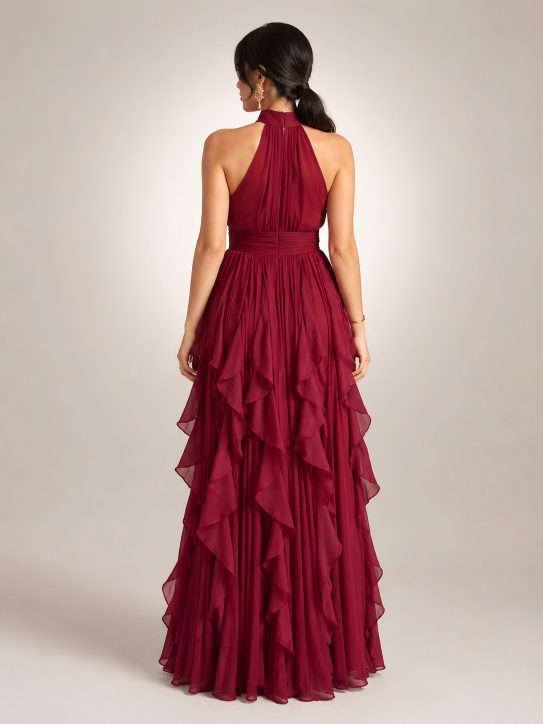 Séraphine — Robe longue à col licou et volants cascade
