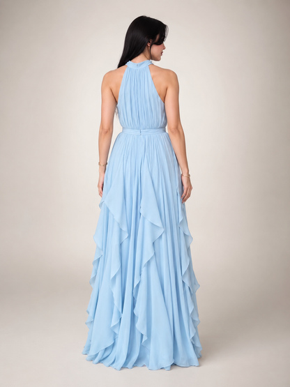 Séraphine — Robe longue à col licou et volants cascade