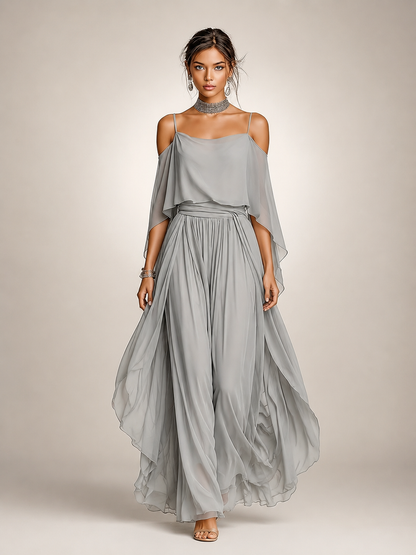 Célia — Ensemble en mousseline épaules dénudées, coloris Gris perle