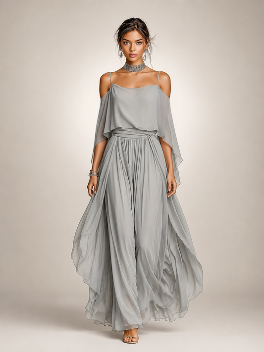 Célia — Ensemble en mousseline épaules dénudées, coloris Gris perle