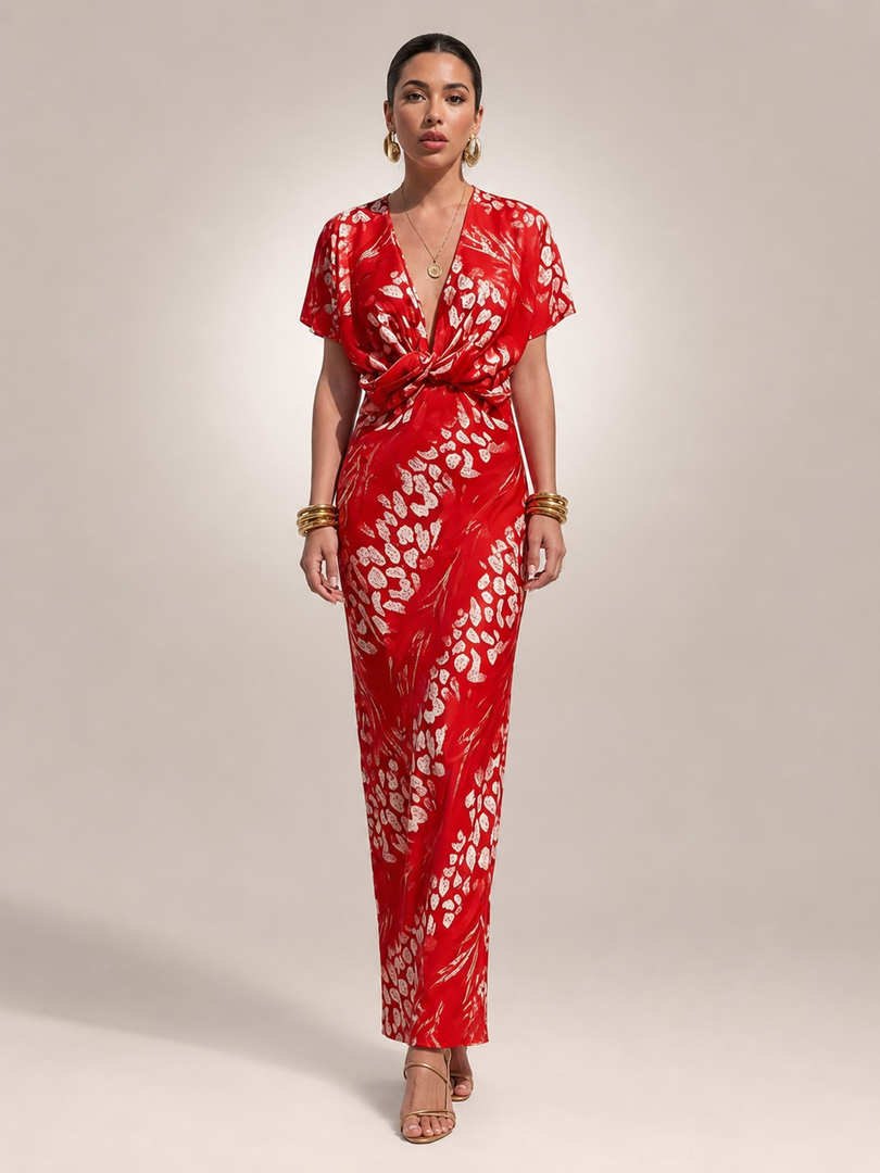 Calypso — Robe longue satinée à taille torsadée, coloris Rouge