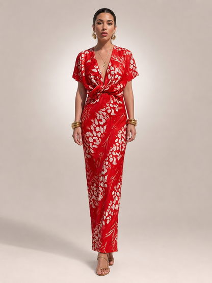 Calypso — Robe longue satinée à taille torsadée, coloris Rouge