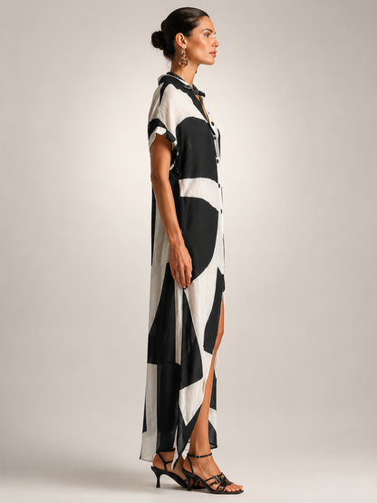 Roseline — Robe longue chemise à imprimé graphique