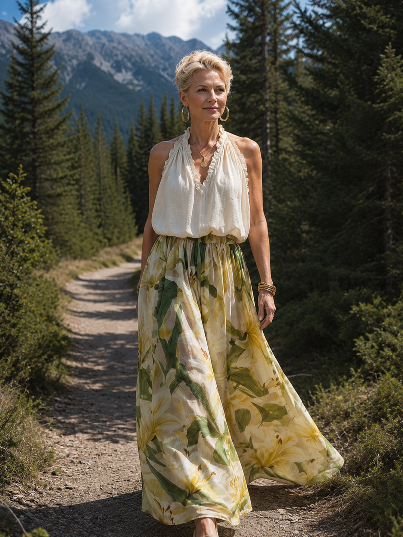 Femme portant un ensemble deux pièces avec blouse dos-nu et pantalon large à imprimé fleuri