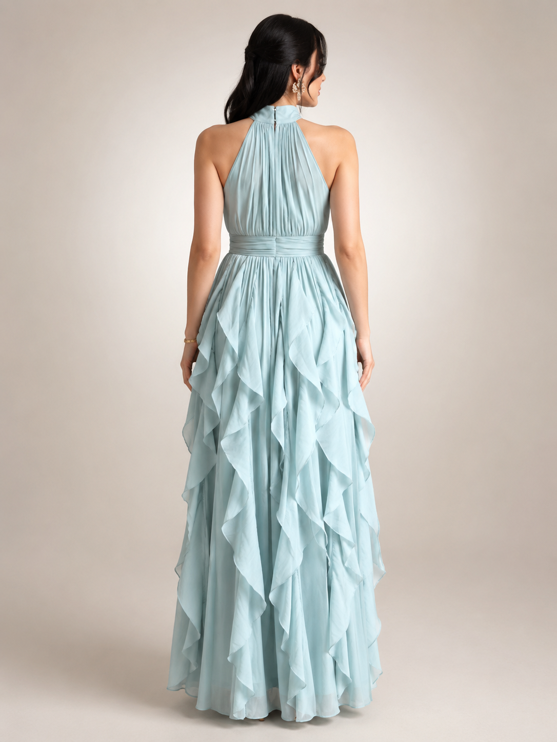 Séraphine — Robe longue à col licou et volants cascade