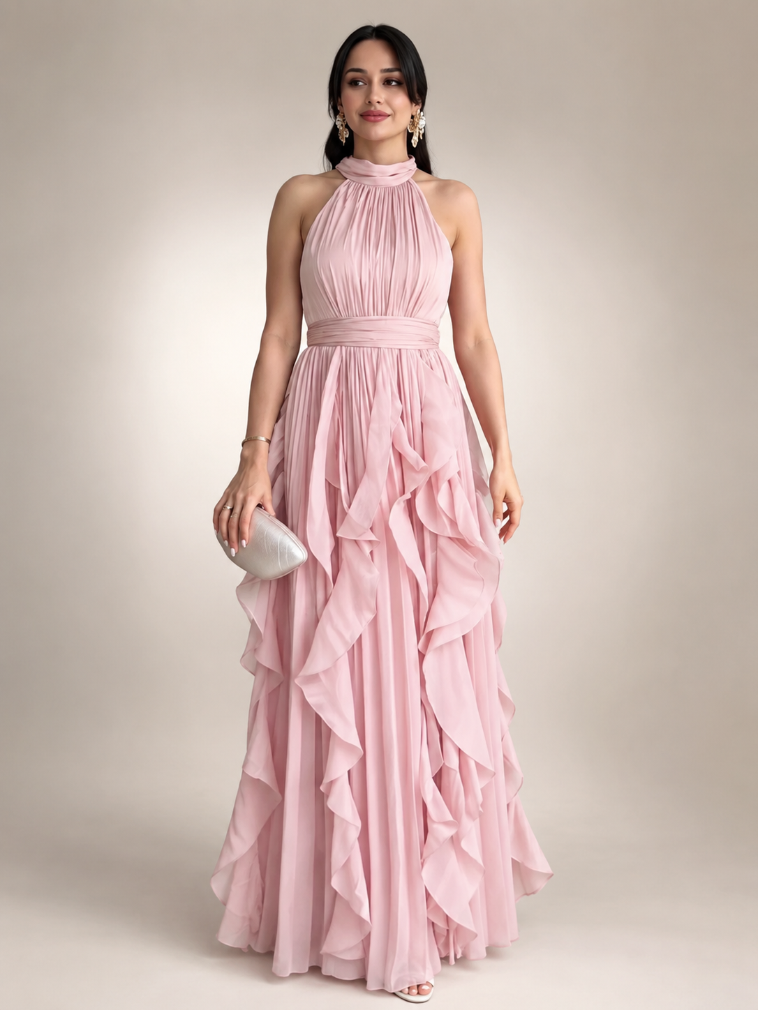 Séraphine — Robe longue à col licou et volants cascade, coloris Rose pâle